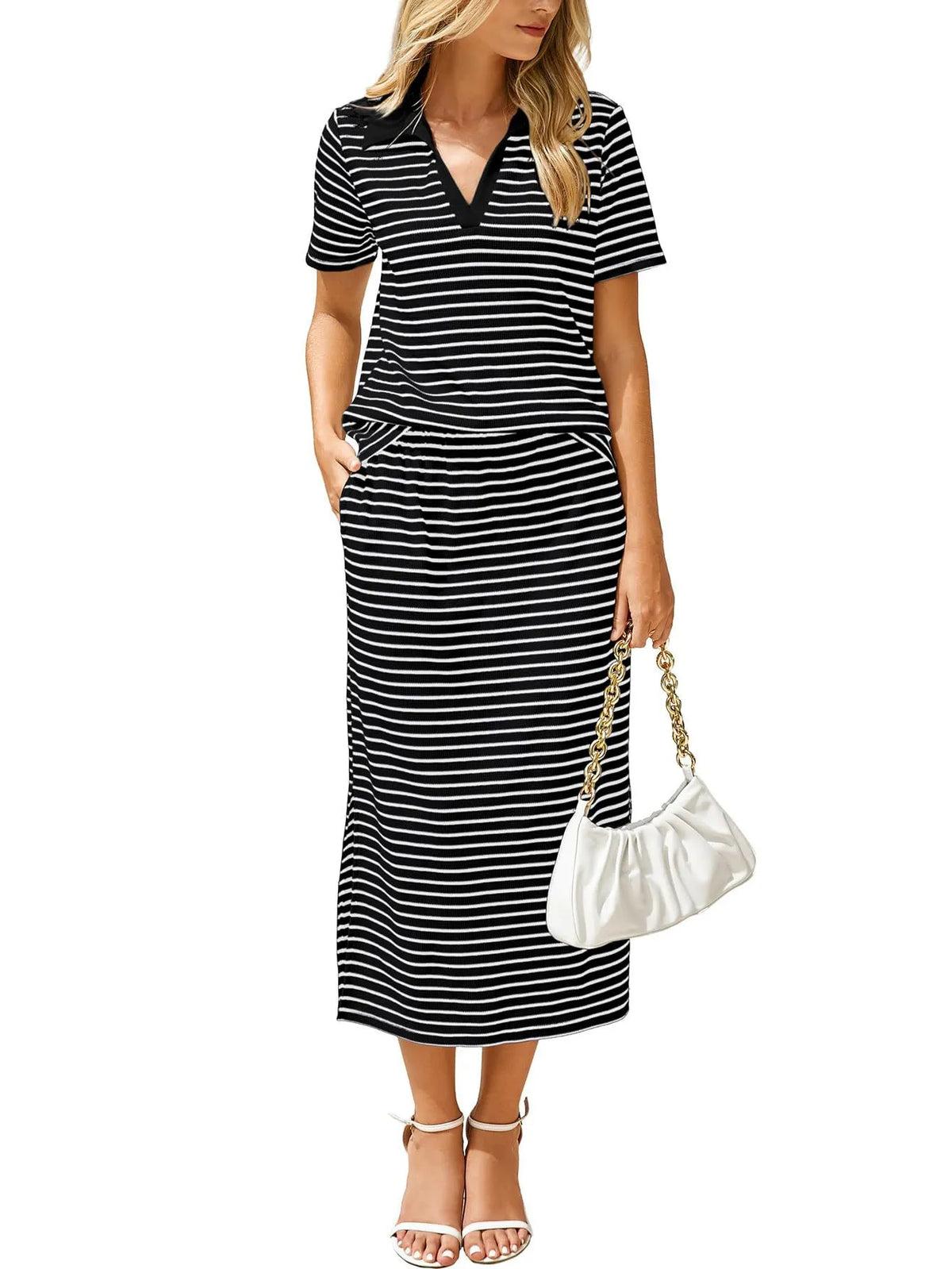 Striped Polo Neck Top and Midi Skirt Set