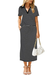 Striped Polo Neck Top and Midi Skirt Set