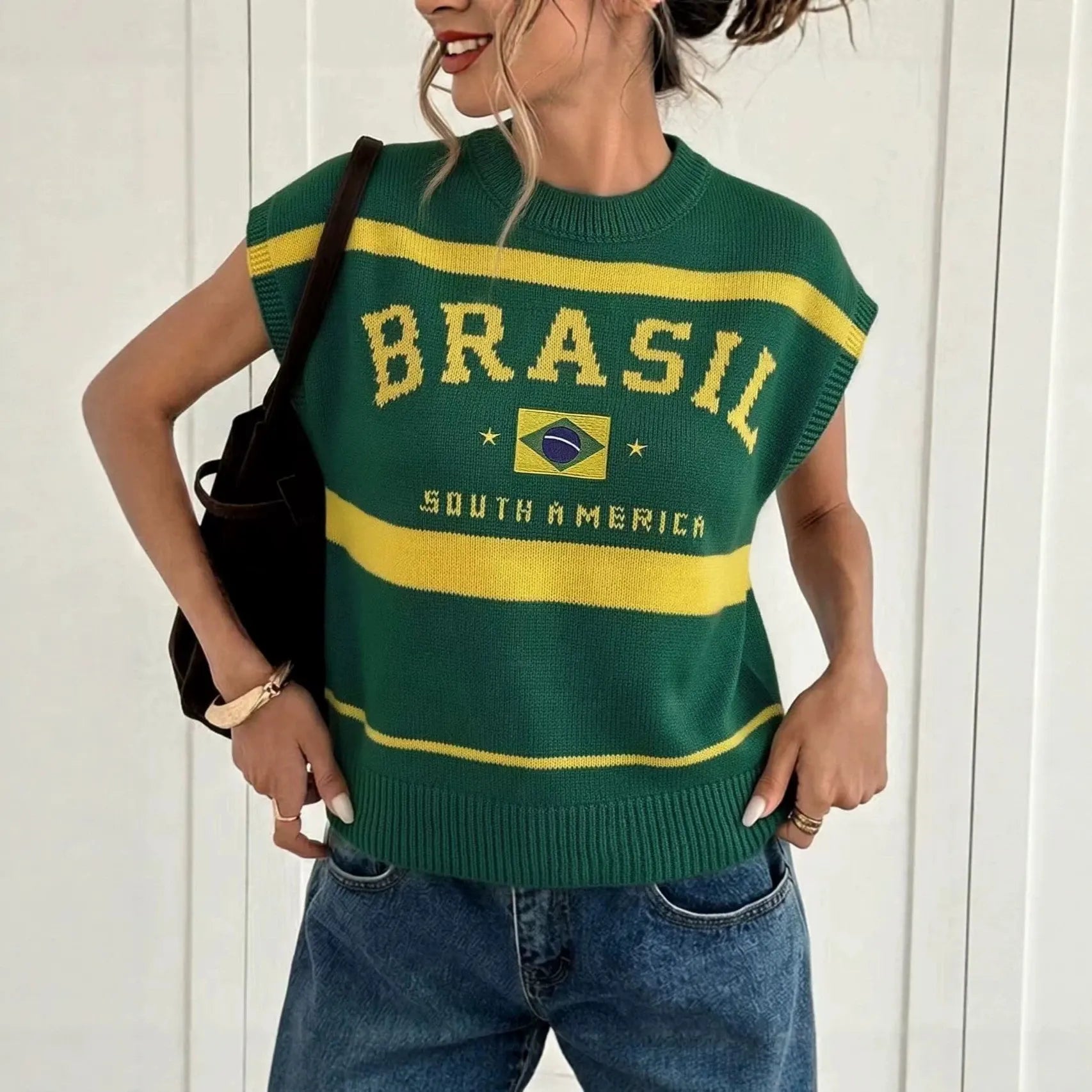Brazil Flag Embroidered Round Neck Sleeveless Knit Sweater Vest