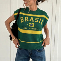Brazil Flag Embroidered Round Neck Sleeveless Knit Sweater Vest