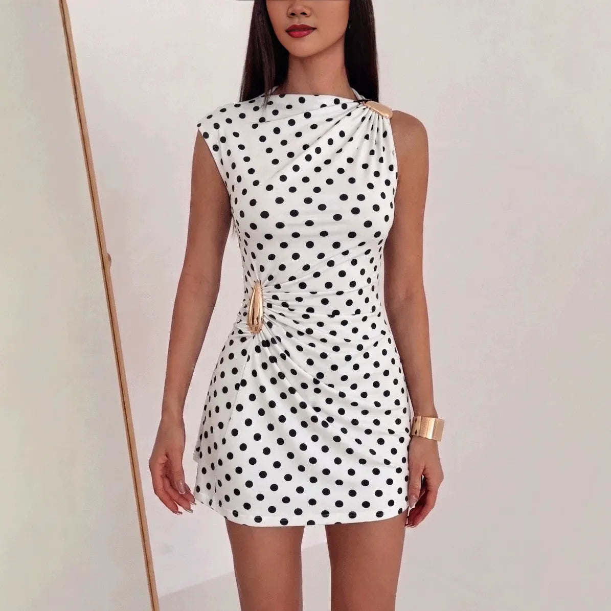 One Shoulder Sleeveless Metal Decor Ruched Slim Mini Dress