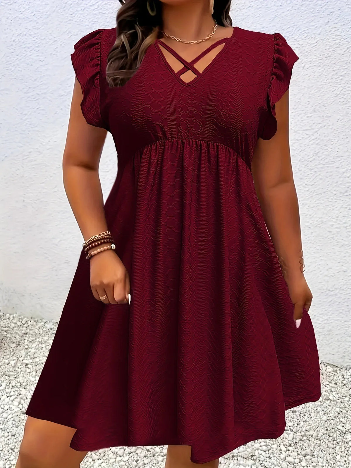 Burgundy V-Neck Ruffle-Sleeve A-Line Midi Dress