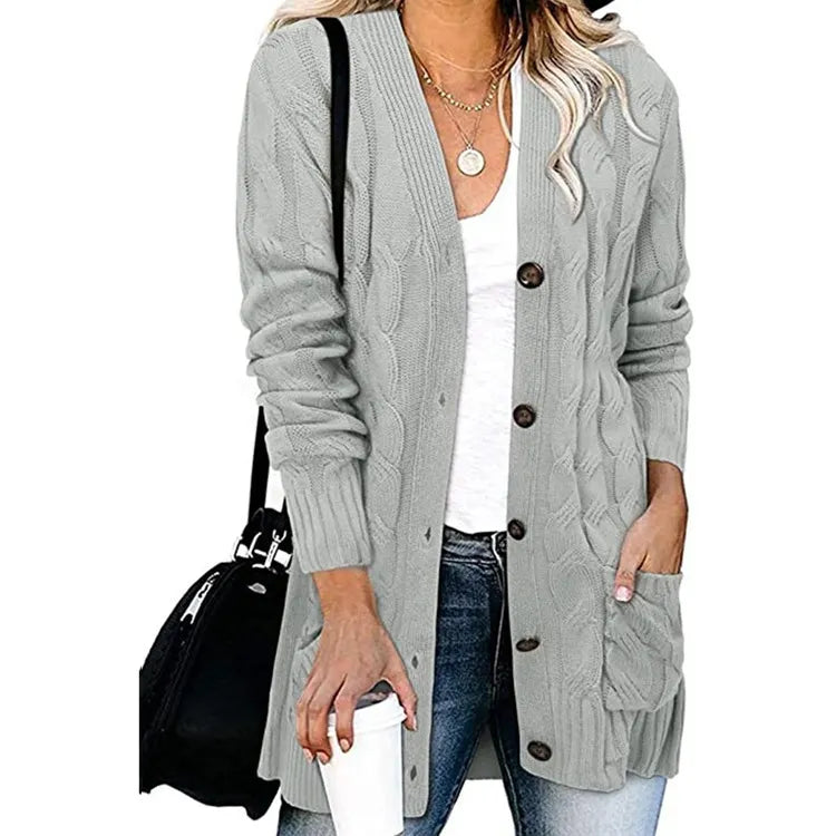 Casual Long Sleeve Cable Knit Cardigan Ladies Mid Length Open Front Button Sweater Jacket