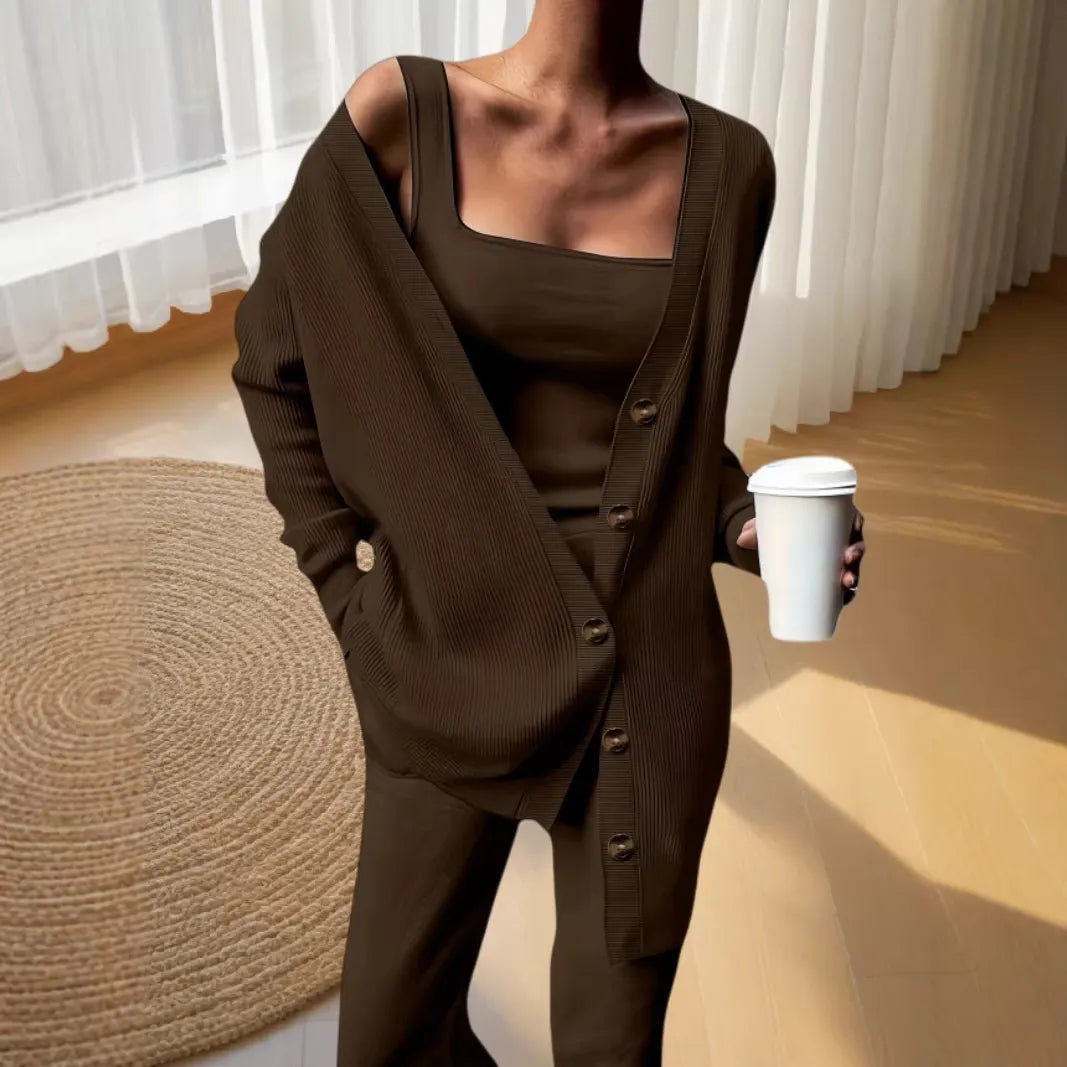 Beige Knit Cardigan, Cami Top & Wide-Leg Pants Set
