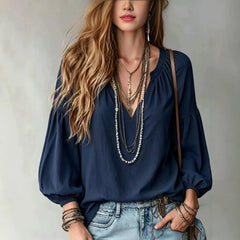 Notched V Neck Puff Sleeve Elastic Cuff Relaxed Fit Shirt