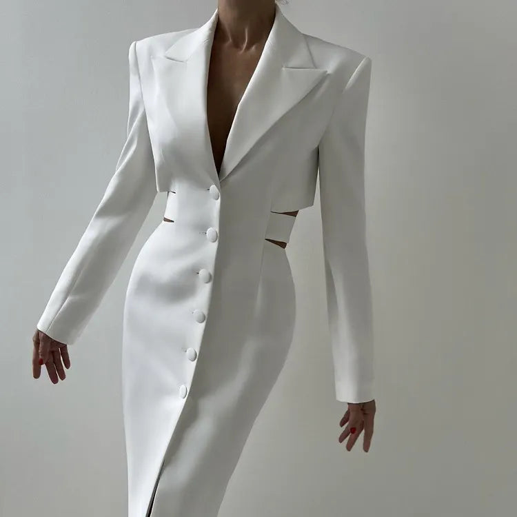 Sleek White Cutout Blazer Midi Dress with Button Front