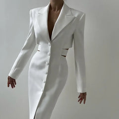 Sleek White Cutout Blazer Midi Dress with Button Front