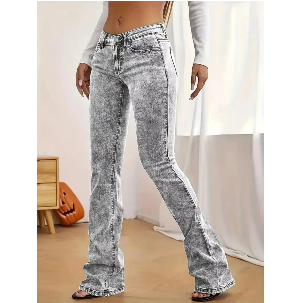 Acid Wash Grey Low Rise Flare Denim Pants