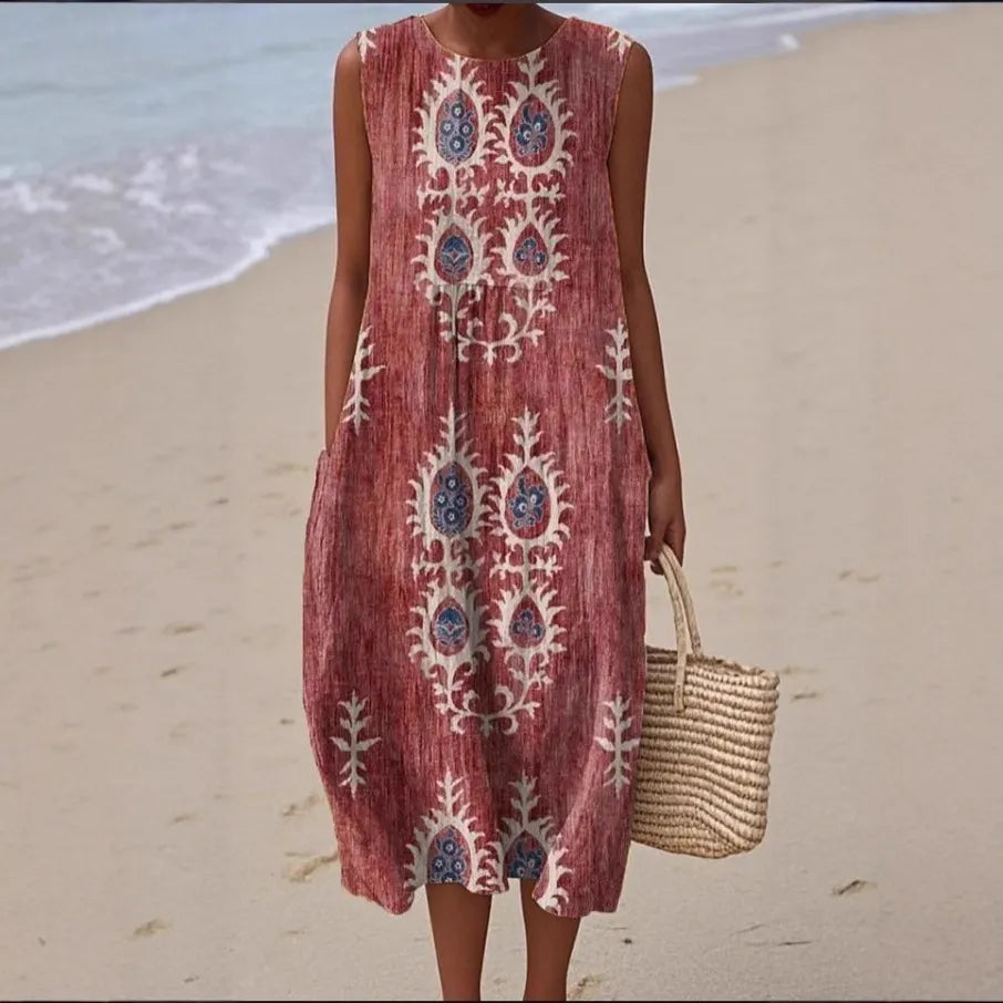 Round Neck Sleeveless 3D Floral Print Loose A-Line Midi Dress