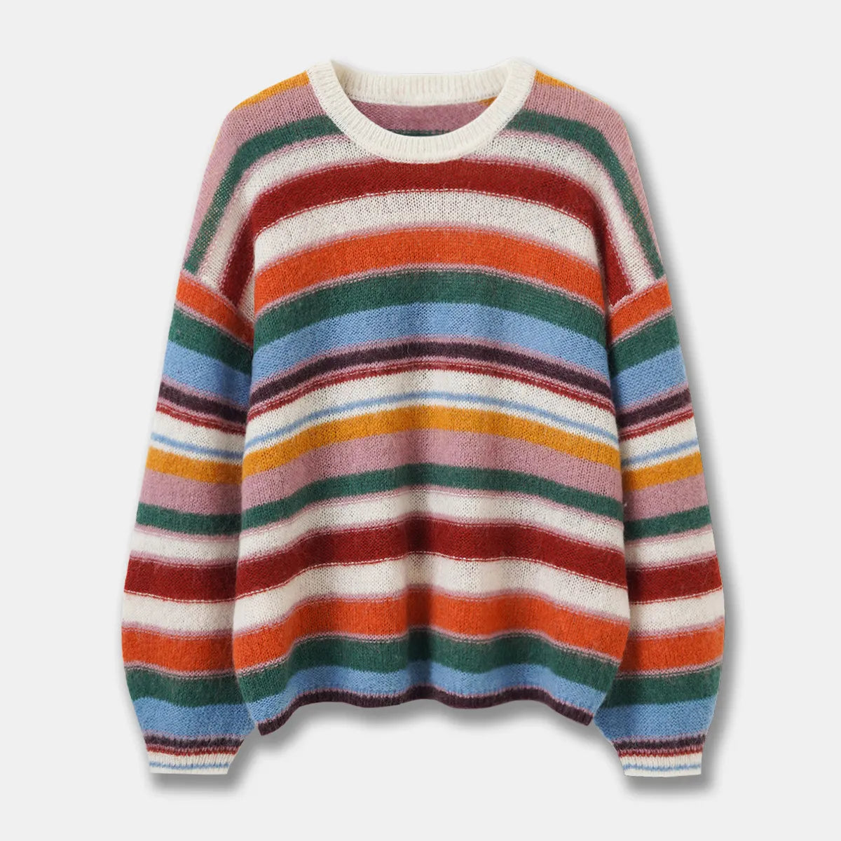 Crew Neck Rainbow Stripe Knit Pullover Sweater