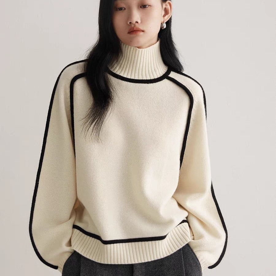 Contrast Trim High Neck Loose Pullover Sweater