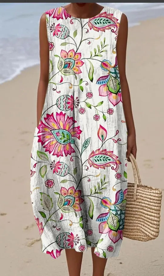 Round Neck Sleeveless 3D Floral Print Loose A-Line Midi Dress