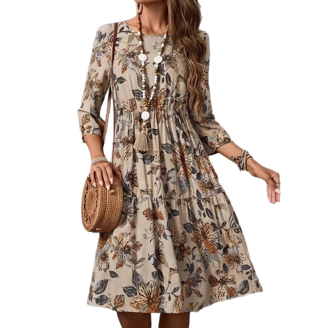 Round Neck All Over Floral Print High Waist Lantern Sleeve A-Line Midi Dress