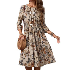 Round Neck All Over Floral Print High Waist Lantern Sleeve A-Line Midi Dress