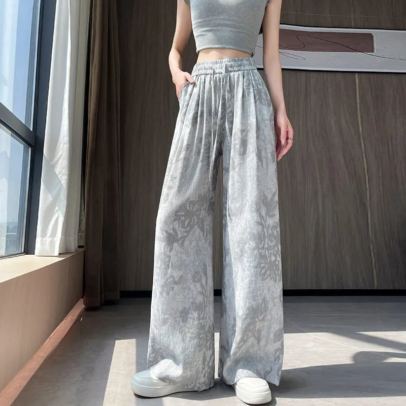 Vintage Floral Print Drawstring High Waist Micro Stretch Wide Leg Long Pants