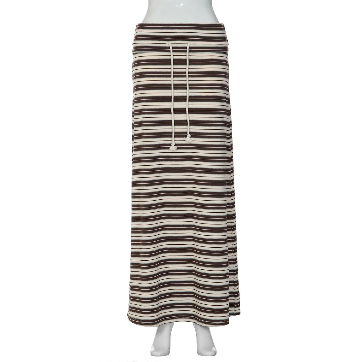 Striped Maxi Skirt, Drawstring Waist Casual Long A Line Skirt with Tassel