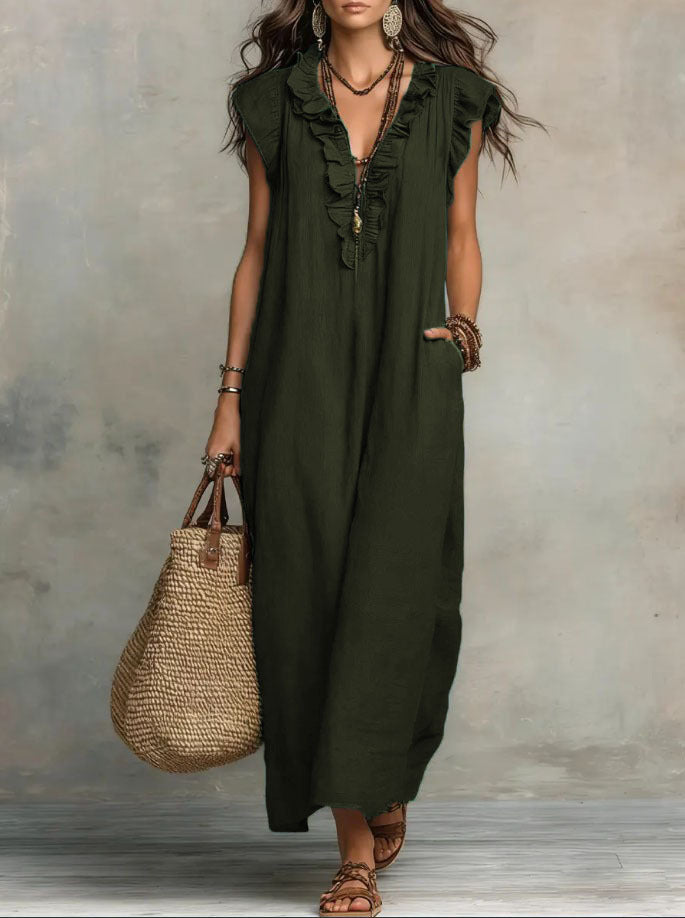Ruffle-Trimmed Linen-Blend Maxi Dress