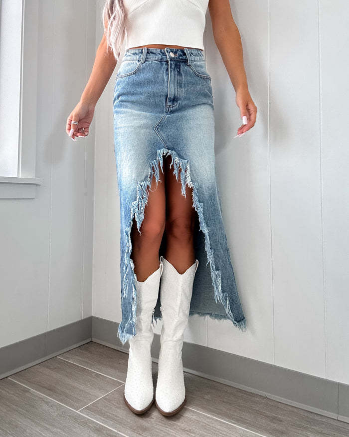 High Waist Gradient Denim Midi Skirt