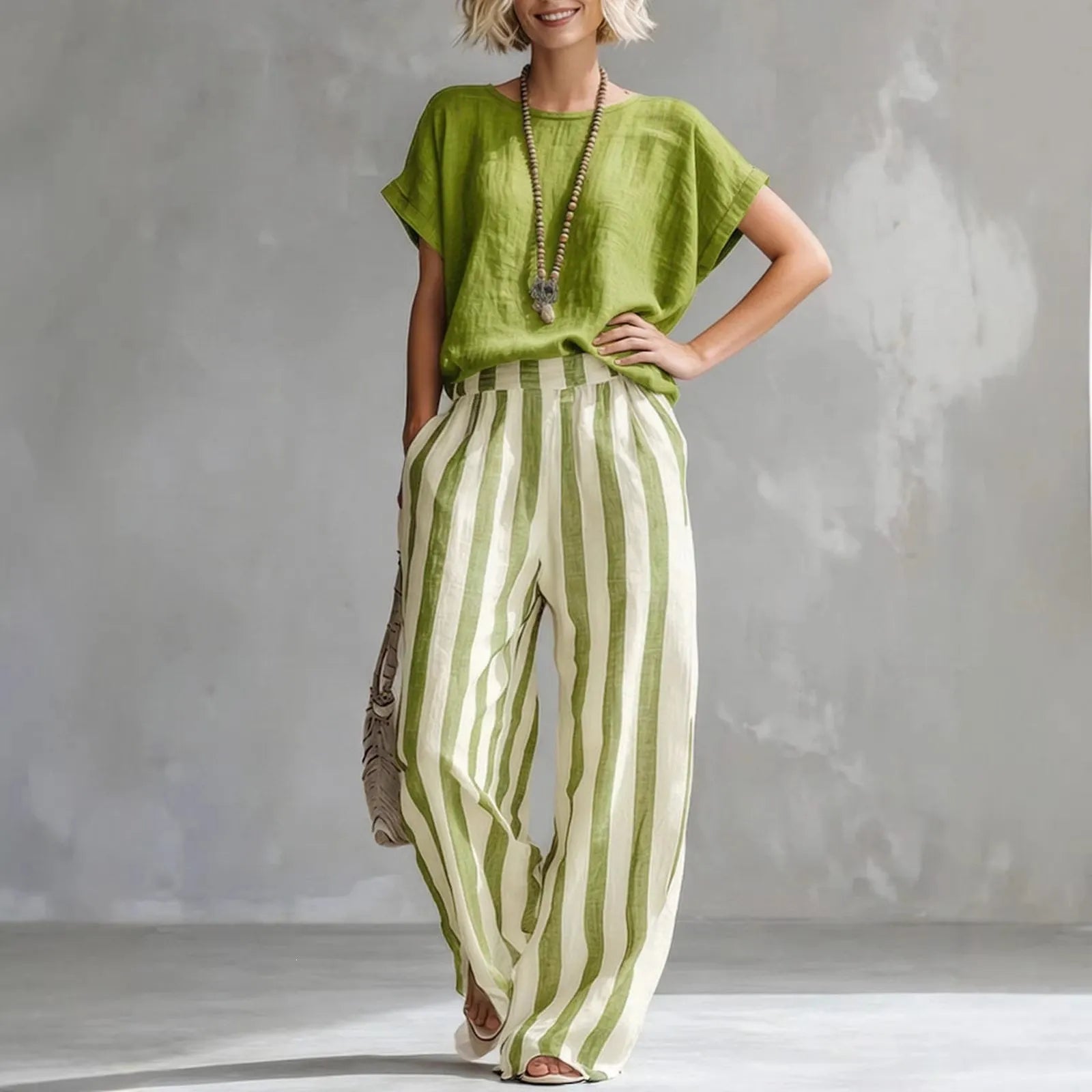 Solid Color Short-Sleeve Top & Striped Wide-Leg Pants Set