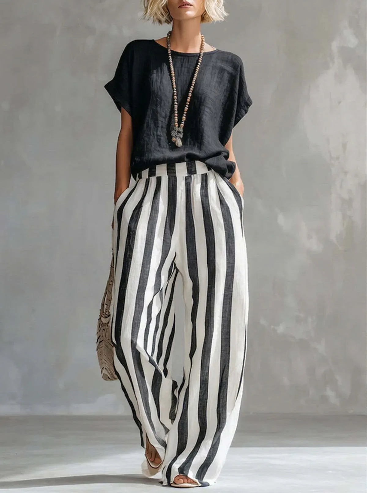 Solid Color Short-Sleeve Top & Striped Wide-Leg Pants Set