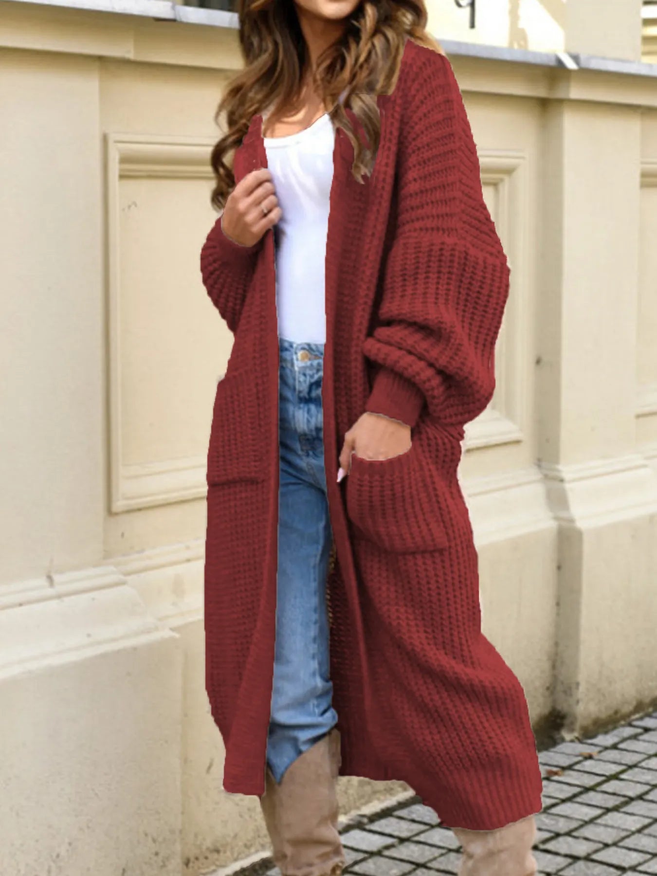 Lantern Sleeve Long Open Front Pocket Cardigan Sweater