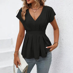 V-Neck Short Sleeve Waist Pleated Slim Pullover OL Commuter Blouse