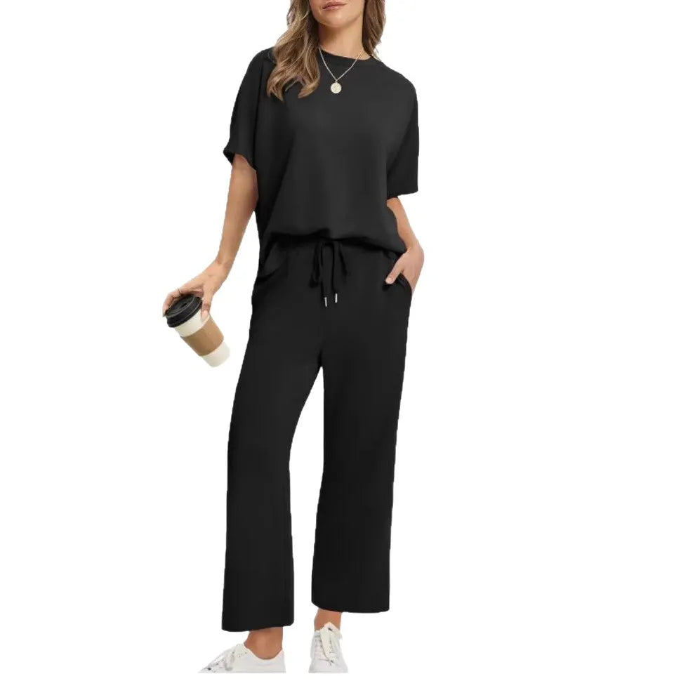 Solid Crew Neck Short Sleeve Top & Elastic Waist Wide Leg Pants