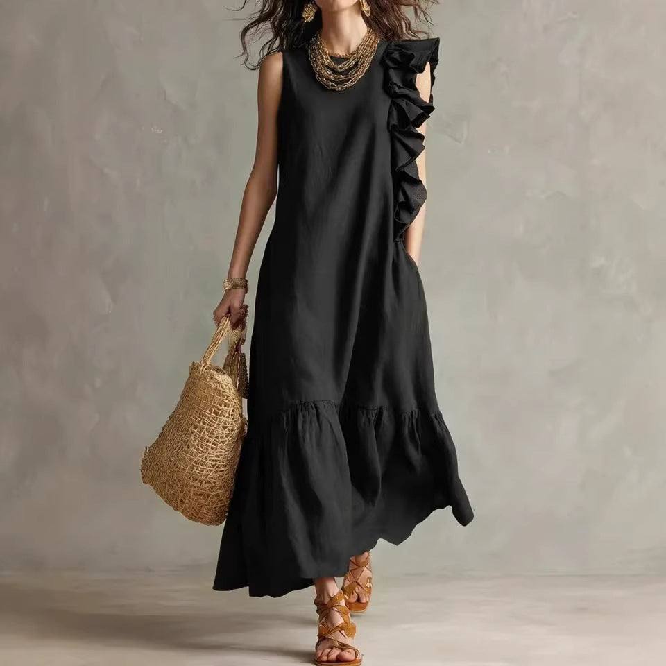 Pleating Blue Ruffle Sleeveless Tiered Maxi Dress
