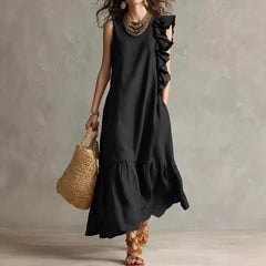 Pleating Blue Ruffle Sleeveless Tiered Maxi Dress