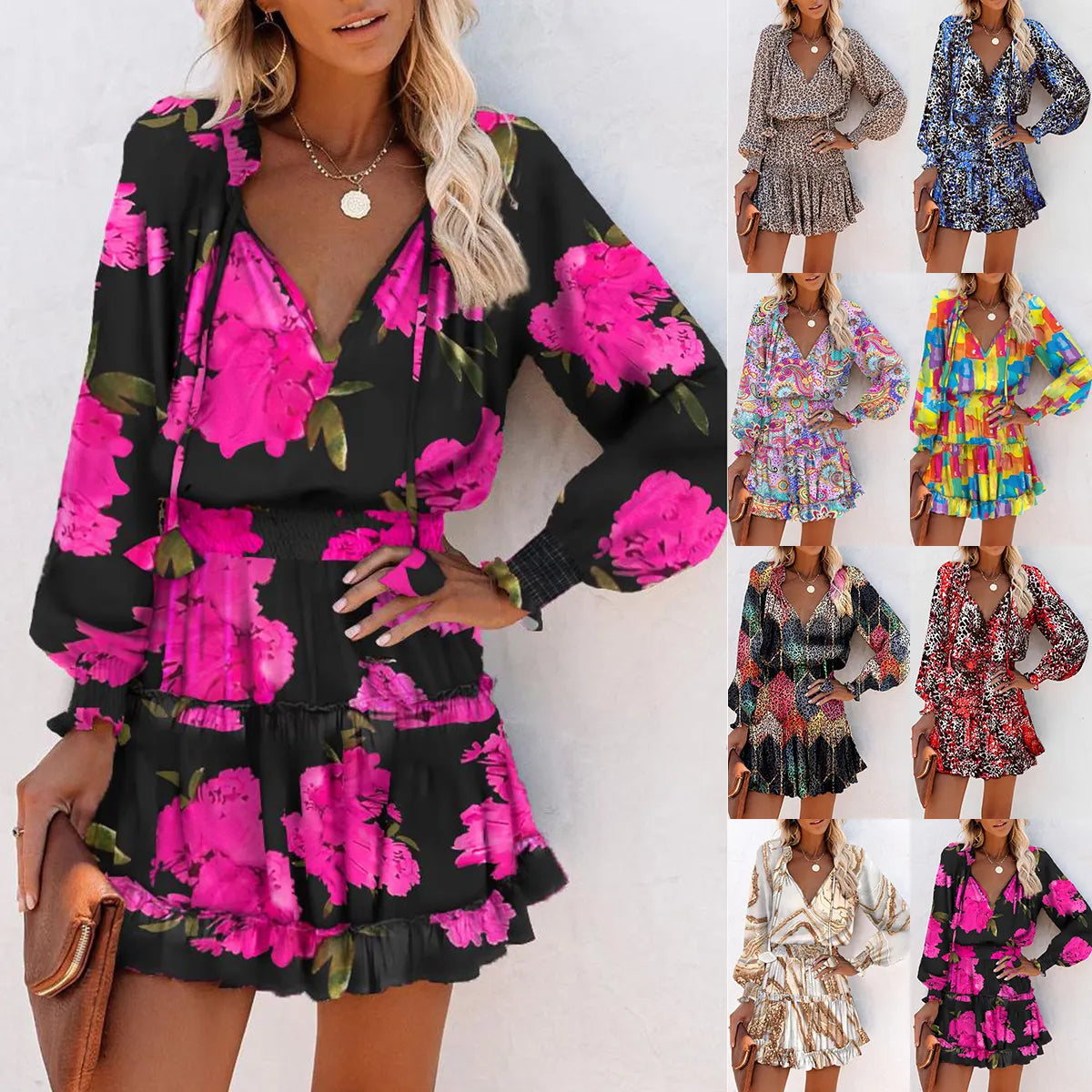 Red Leopard Print V-Neck Mini Dress - Long Sleeve Ruffle Hem Party Dress