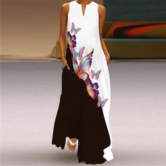 3D Butterfly Print V-Neck Sleeveless Loose A-Line Maxi Dress
