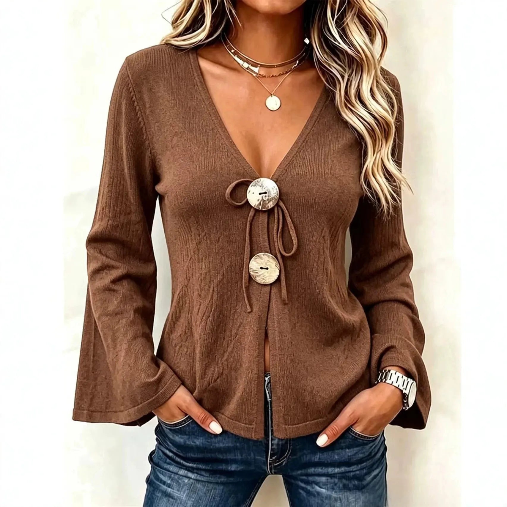 V-Neck Knit Cardigan, Large Button Tie Front Flare Long Sleeve Sweater Top