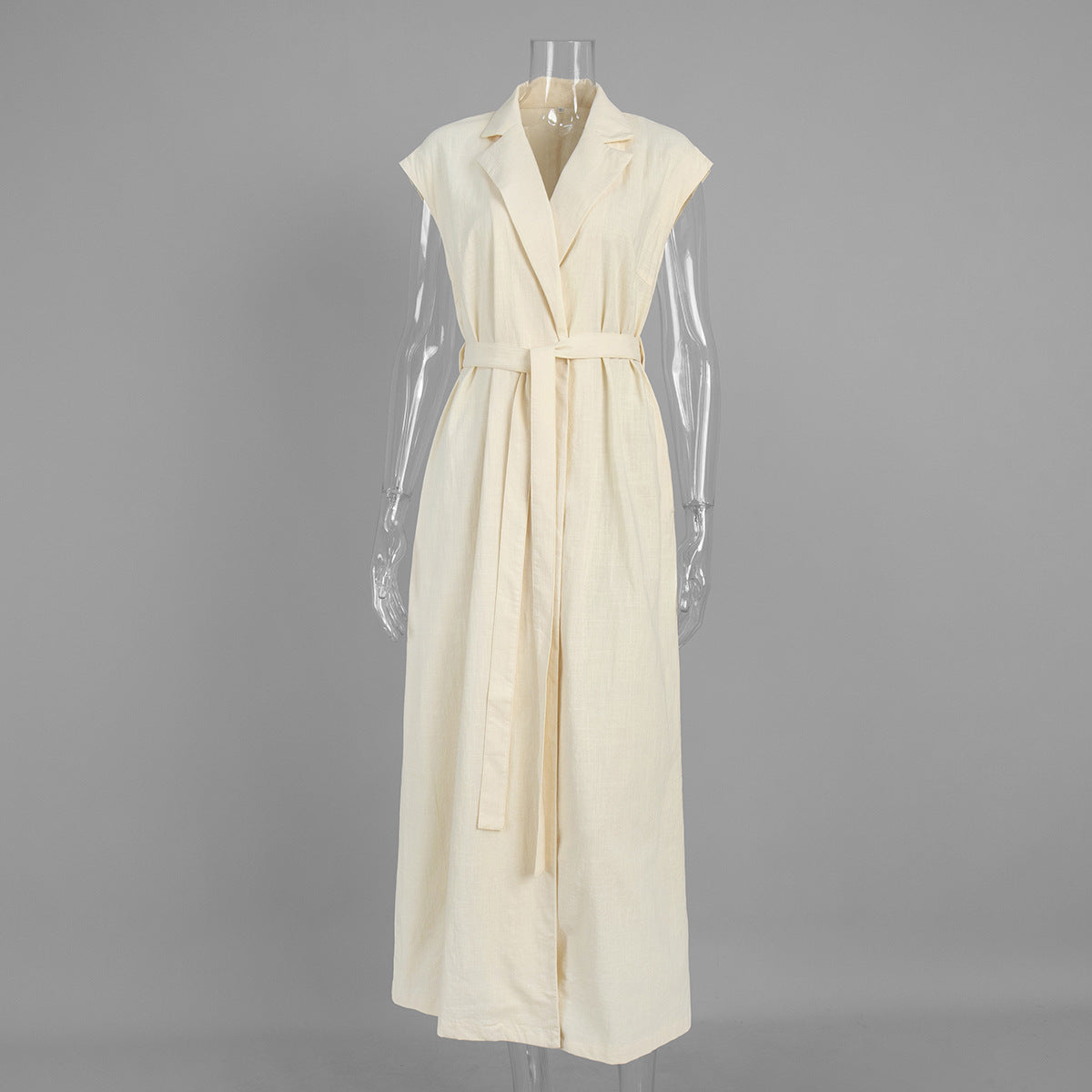 Solid Color Sleeveless Lapel Belted Maxi Shirt Dress