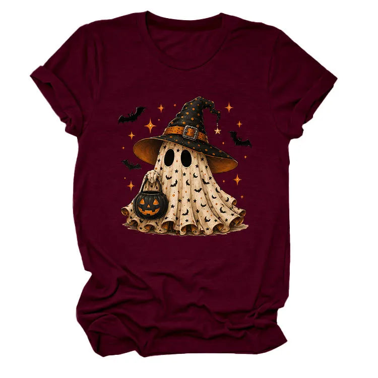 Halloween Ghost Witch Bat Print Crew Neck Short Sleeve T‑Shirt