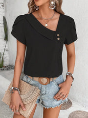 Asymmetrical Collar Puff Sleeve Blouse