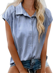 Casual Plaid Cap Sleeve Shirt Ladies Vintage Loose Fit Collared Blouse