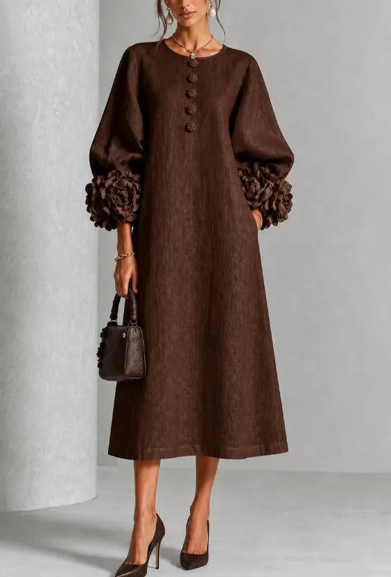 Light Pink Linen Midi Dress, 3D Floral Puff Sleeve Round Neck Button Front Loose Dress With Pockets