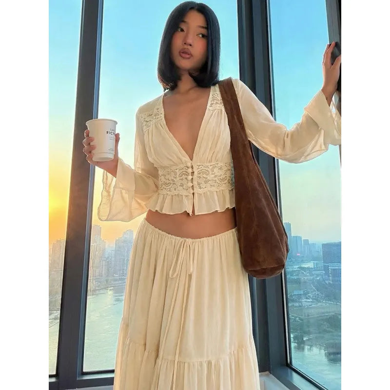 Matching Flowy Linen Look Lace Spliced V-Neck Long Sleeve Chiffon Tiered Skirt Two Piece Casual Daily Outfit Set