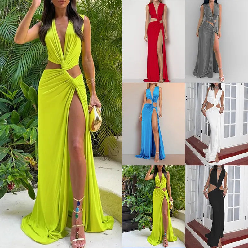 Sleeveless Deep V Hollow Cutout Maxi Dress, Solid Color Irregular Slim Long Dress