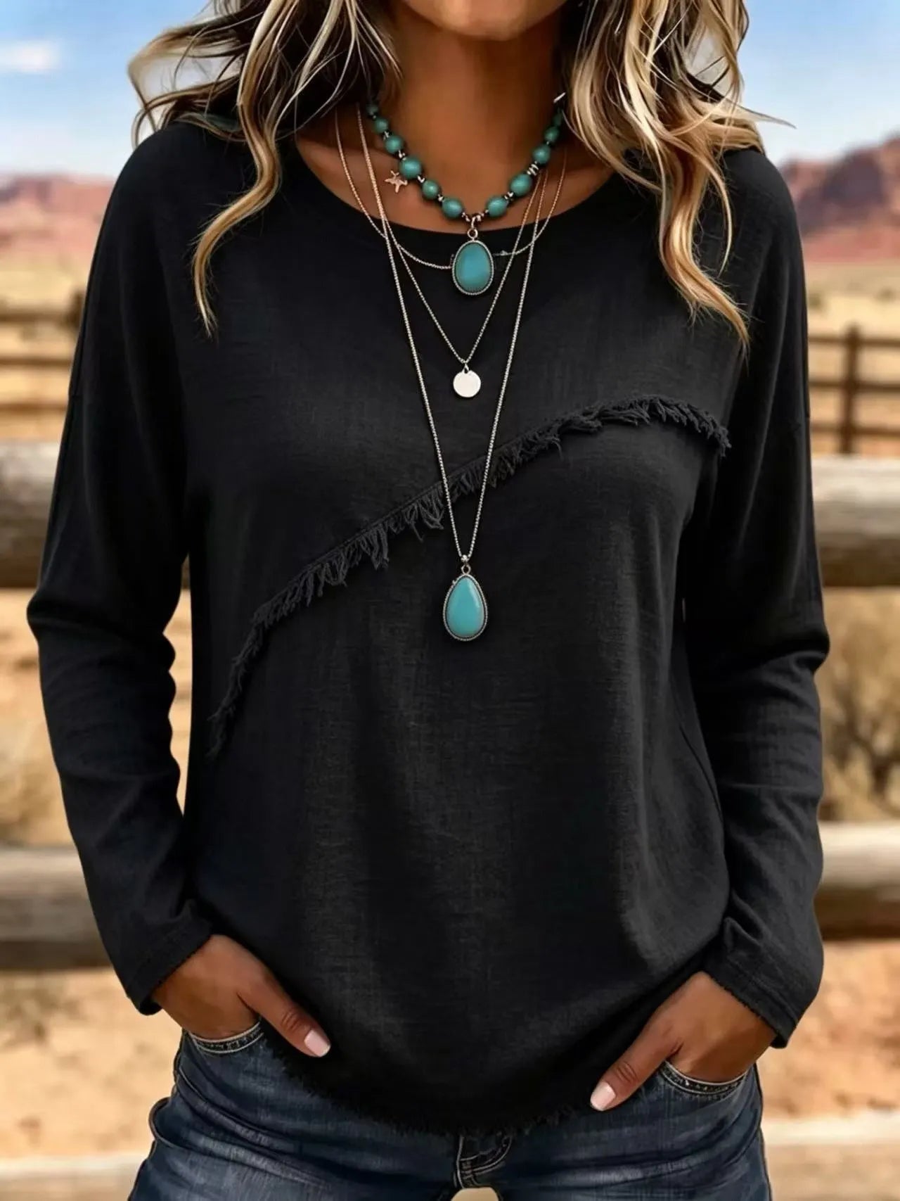 Crew Neck Diagonal Fringe Spliced Long Sleeve Polyester Casual Top