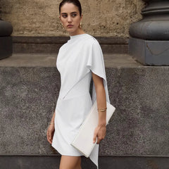 Solid Draped Mock Neck Sleeveless Asymmetric Ruffle Mini Dress