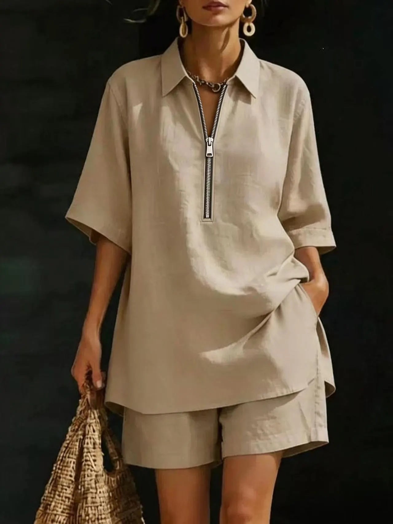 White Half-Zip Shirt & Shorts Linen Set
