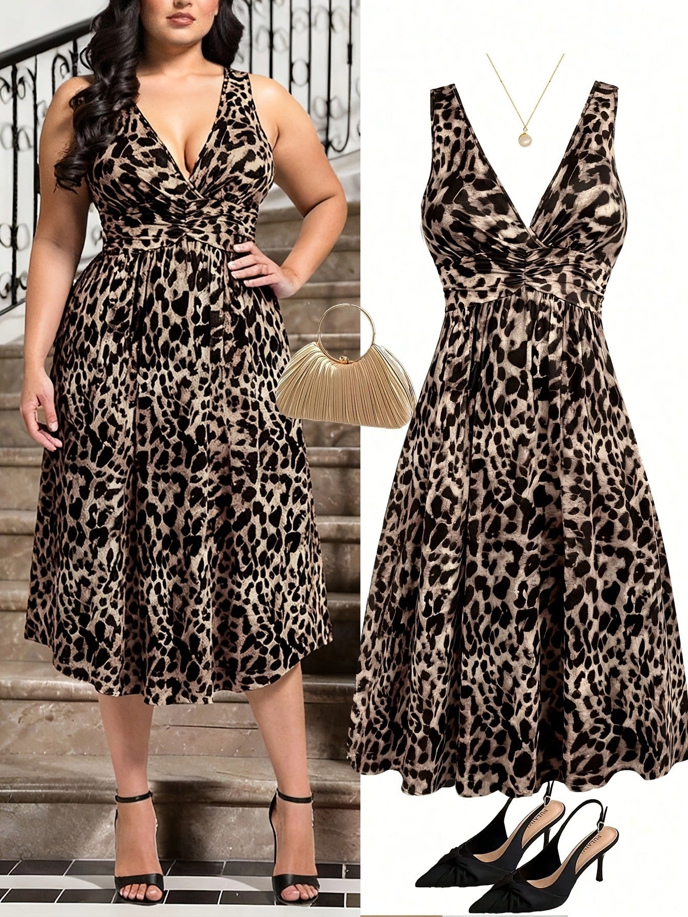 Leopard Print V-Neck Sleeveless High Waist A-Line Maxi Dress