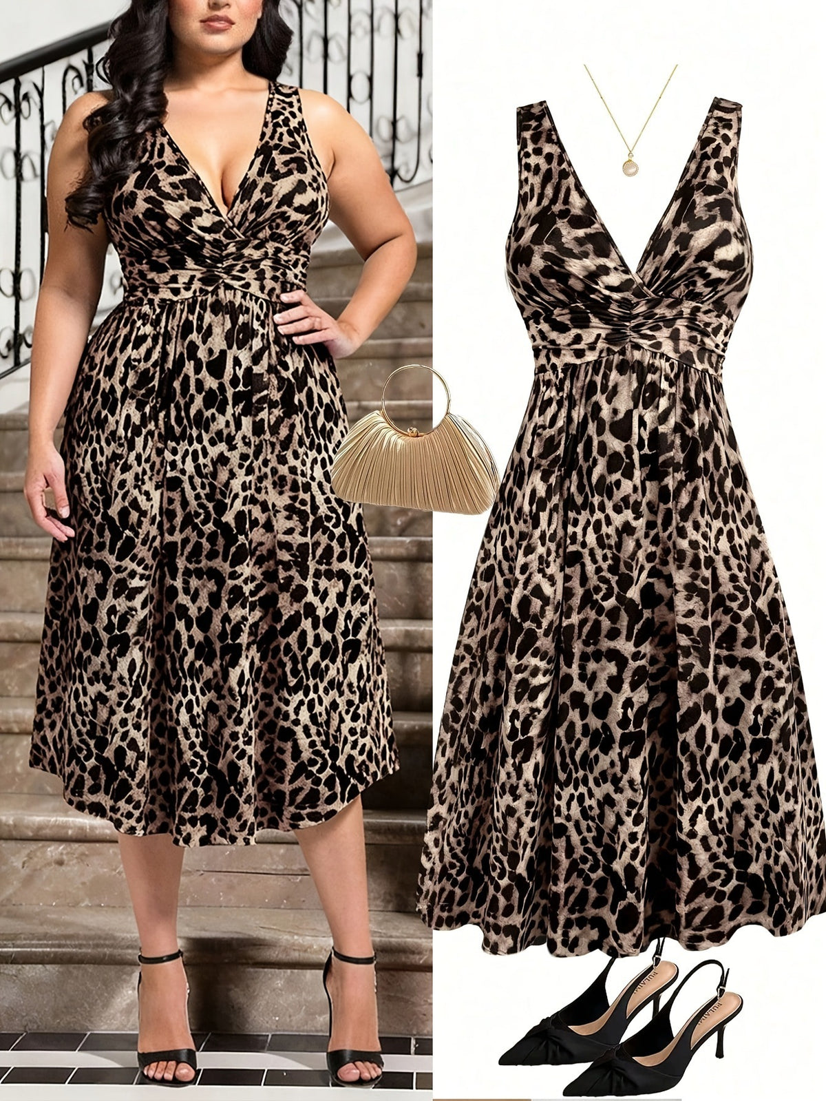 Leopard Print V-Neck Sleeveless High Waist A-Line Maxi Dress