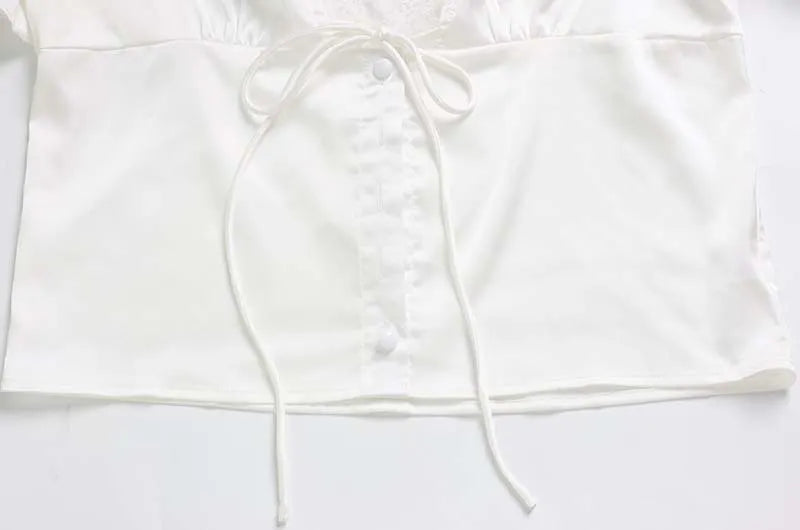 Cream Satin Lace Trim V-Neck Tie Front Blouse