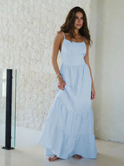 Solid Square Neck Spaghetti Strap Tiered Ruffle Cotton Maxi Dress