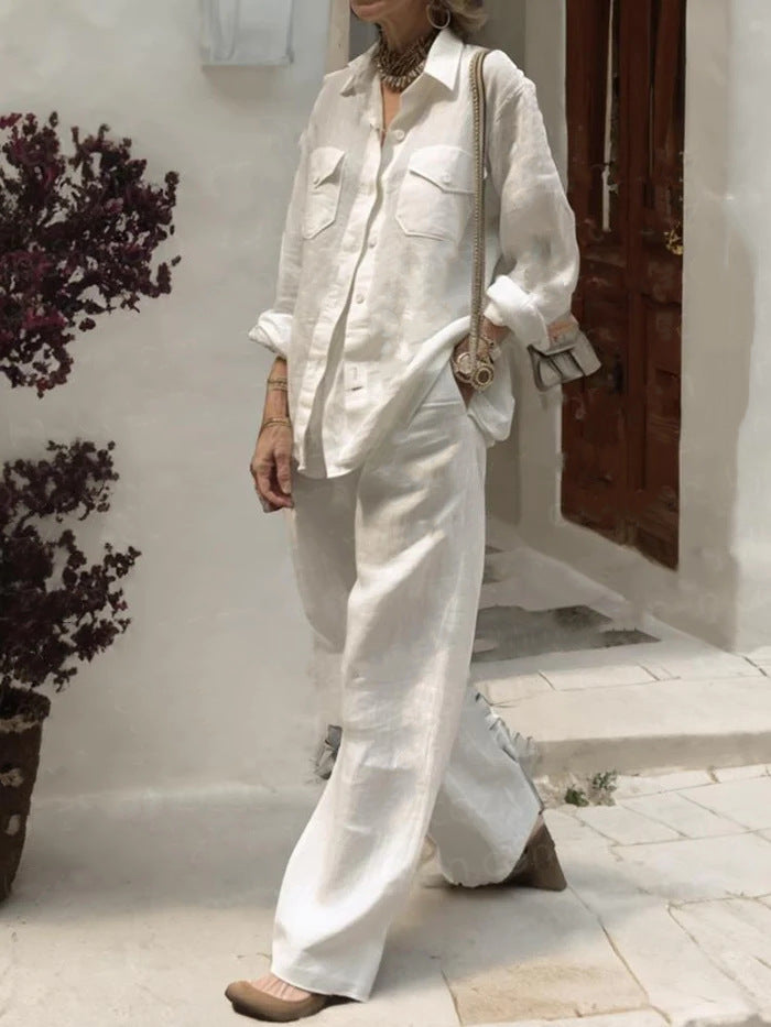 Linen Blend 2-Piece Outfit, Long Sleeve Button-Down Shirt and Wide Leg Pants Set