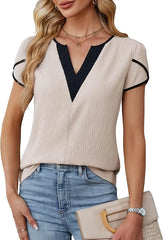 Color Block V Neck Textured Blouse Contrast Trim Casual Office Top