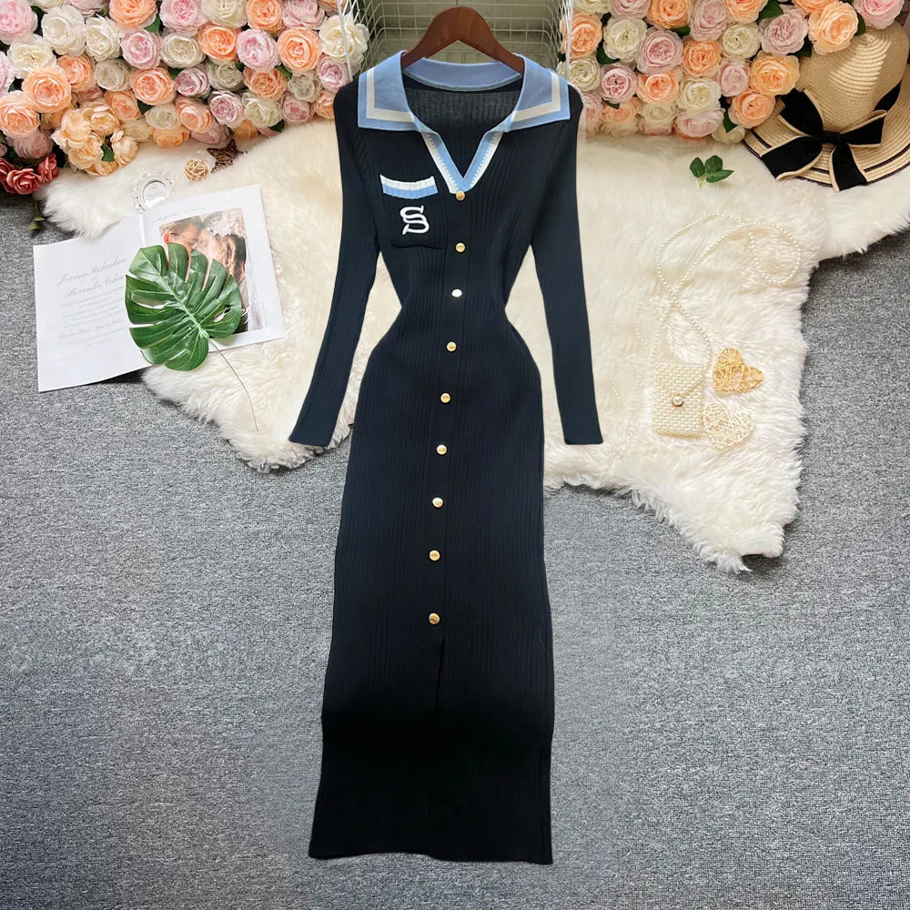 Contrast Collar Embroidered Knit Bodycon Midi Dress
