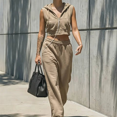 Sleeveless Zip Front Knit Vest & Elastic Waist Pants